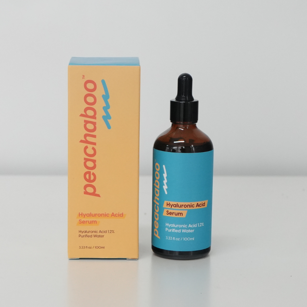 Peachaboo Hyaluronic Acid Serum in 100ml bottle – a vegan, organic serum that deeply hydrates dry, tired, and dull skin, ideal for microneedling.