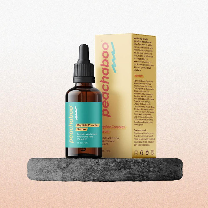A 30ml bottle of Peptide Complex Serum, an anti-ageing treatment formulated with plant-based peptides to boost collagen production and reduce fine lines and wrinkles.