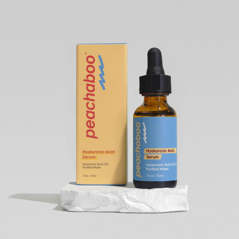 Peachaboo Hyaluronic Acid Serum in 30ml bottle – a vegan, organic serum that deeply hydrates dry, tired, and dull skin, ideal for microneedling.