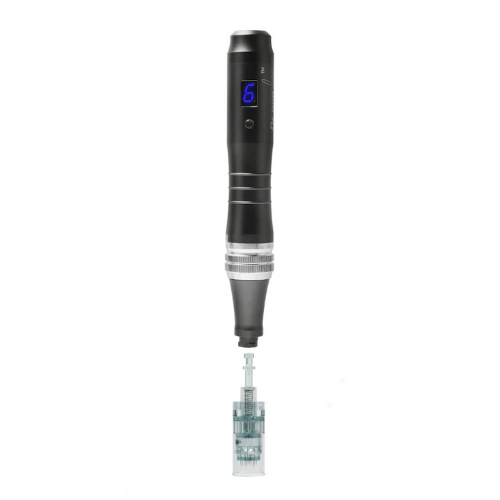 Dr pen M8 black microneedling pen attached to pin cartridge