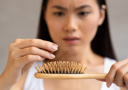 A woman in distress when she sees stray hair loss on her brush