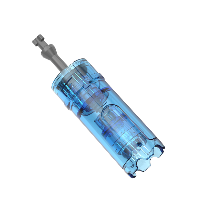 Different angle on Dr. Pen M9 18-pin microneedling cartridge with clear blue casing and protruding needle tip