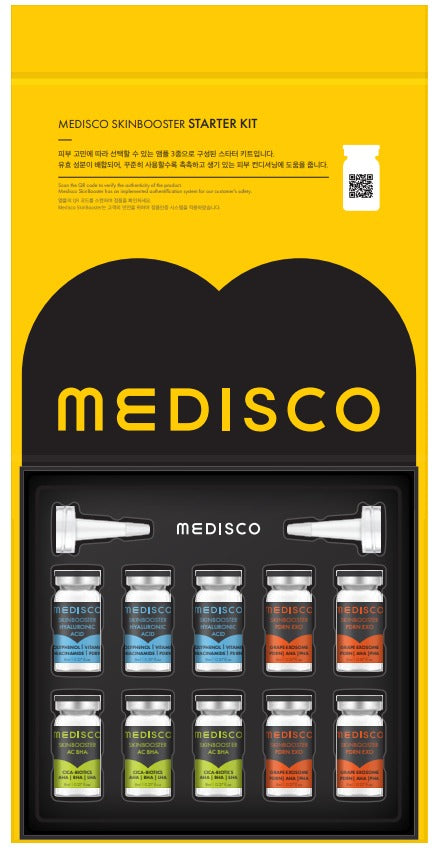Inside view of Medisco skin booster starter kit with ampoules and MTS applicator tips