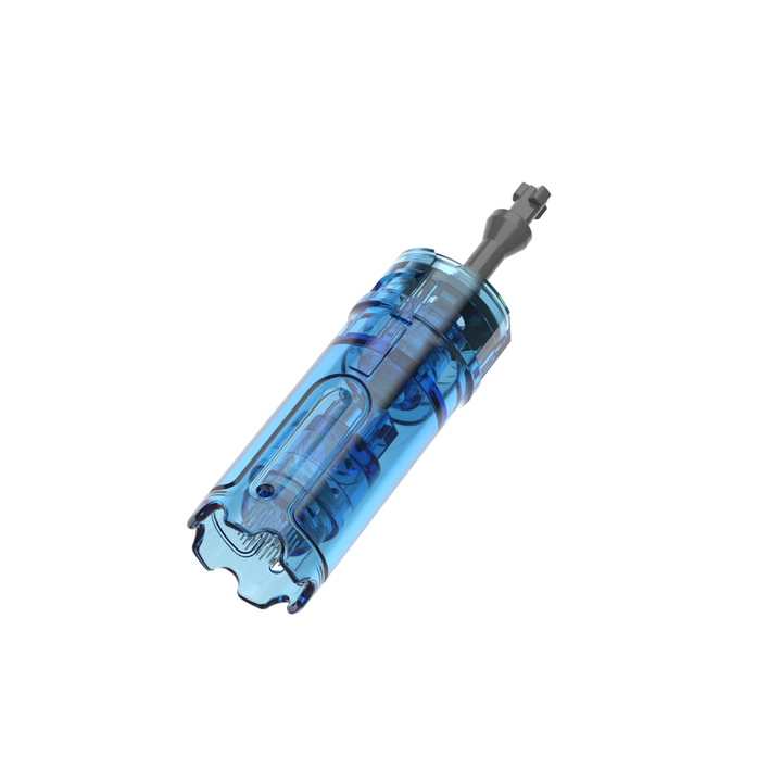 Angled view of a Dr. Pen M9 42-pin microneedling cartridge with a clear blue plastic body and metal needle tip.