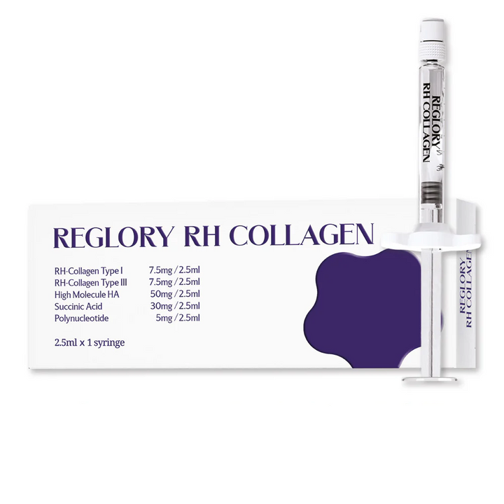 Reglory RH COLLAGEN Skin Revitalizer packaging with ingredient list and syringe positioned vertically beside it.
