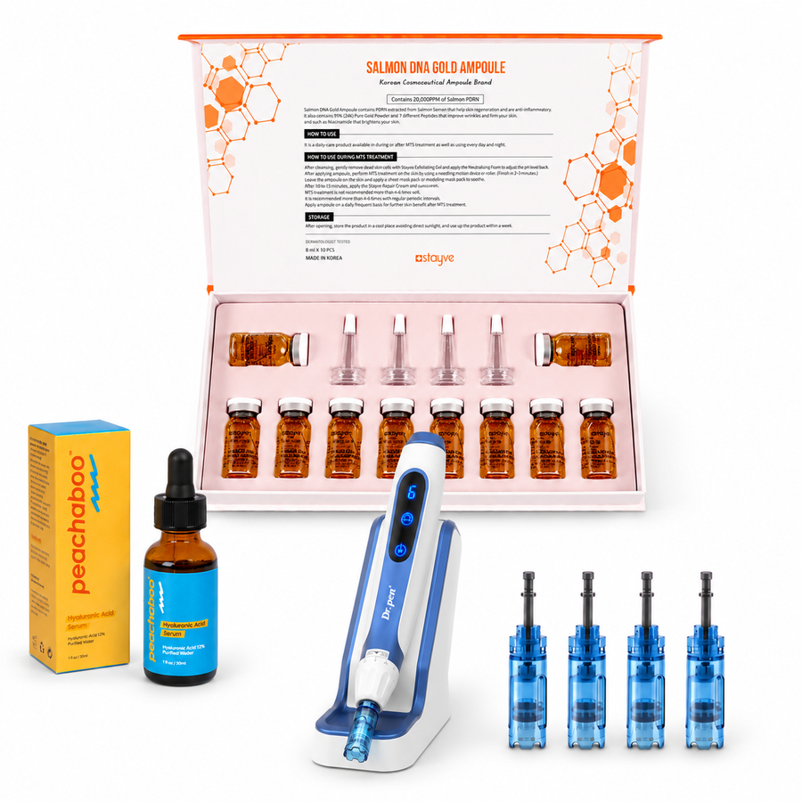 Featuring the Dr. Pen A11 device with 12-pin cartridges for precise treatment delivery, Peachaboo Hyaluronic Acid Serum for deep hydration and skin plumping, and Stayve Salmon DNA Gold Ampoule (8ml x 10 vials) to support skin repair and renewal. Also includes a Microneedling Pen Protective Sleeve for safe and hygienic storage.