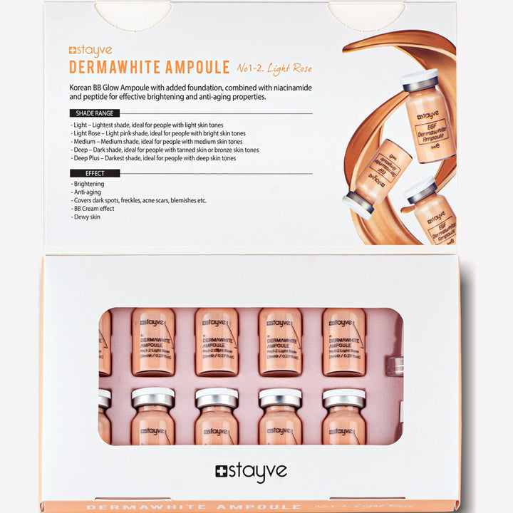 Stayve BB Glow Dermawhite Ampoule - No 1-2 Light Rose packaging box revealing 10 sealed 8ml vials