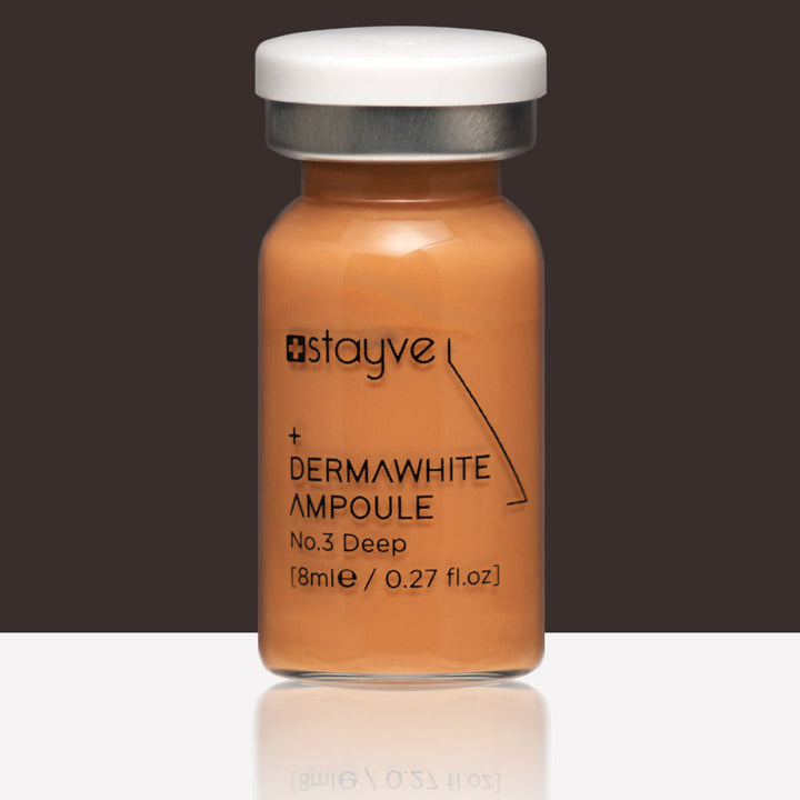 Close up to Stayve Dermawhite Ampoule no3 deep bottle on a dark background