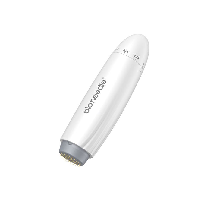 Bio Needle 60-Pin Scalp Derma Stamp angled view showing gold needles and ergonomic handle