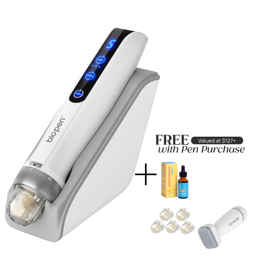 Dr. Pen Bio Q2 Pen with microneedling pen device stand with 'FREE Valued at $127+ with Pen Purchase' which includes Peachaboo Hyaluronic Acid Serum, pin cartridges, and Bio Needle Adjustable Derma Stamp Micro Needling Tool For Hair Growth.