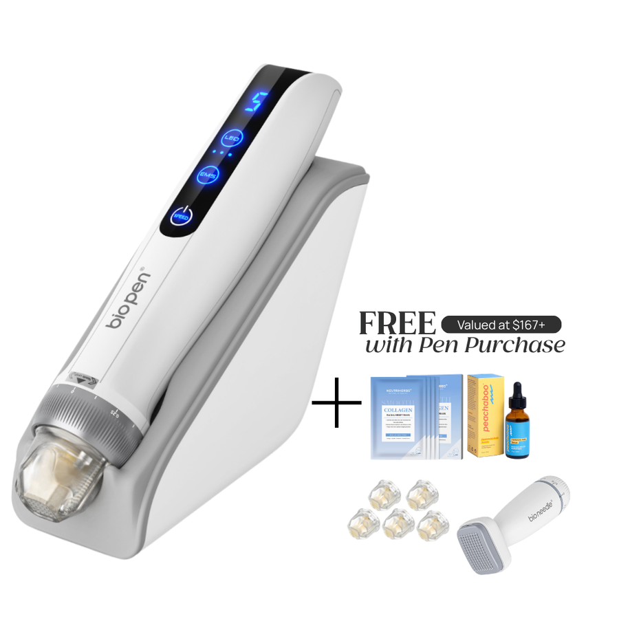 Dr. Pen Bio Q2 Pen with microneedling pen device stand with 'FREE Valued at $167+ with Pen Purchase' which includes Collagen Mask, Peachaboo Hyaluronic Acid Serum, pin cartridges, and Bio Needle Adjustable Derma Stamp Micro Needling Tool For Hair Growth.