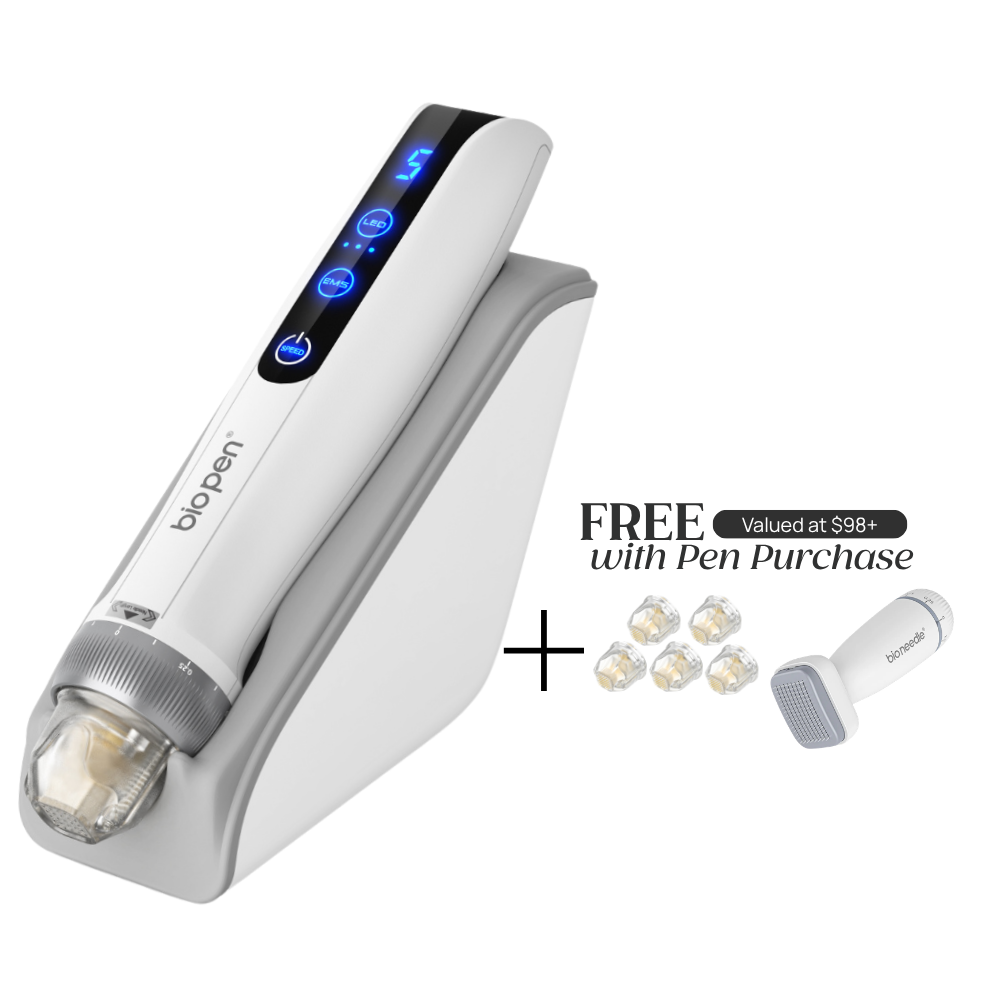 Dr. Pen Bio Q2 Pen with microneedling pen device stand with 'FREE Valued at $98+ with Pen Purchase' which includes pin cartridges and Bio Needle Adjustable Derma Stamp Micro Needling Tool For Hair Growth.