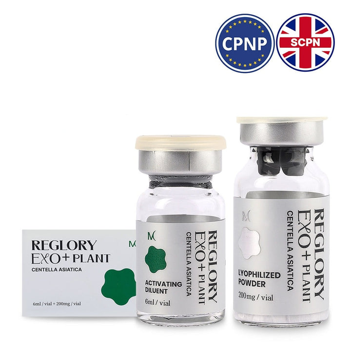 Reglory EXO⁺ PLANT Exosome Cica Skin Booster vials and box with SCPN and CPNP logos displayed above.