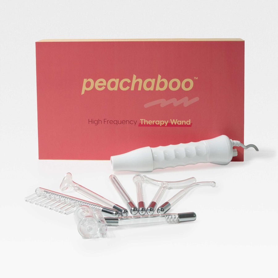 Peachaboo High-Frequency Therapy Wand set with 7 glass electrodes displayed in front of a peach colored product box.