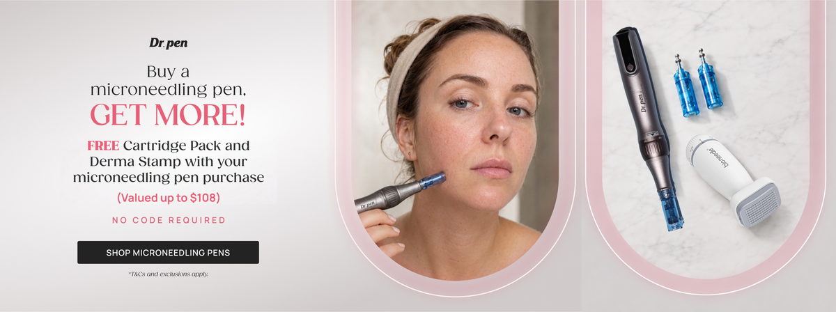 Promotional banner buy a microneedling pen, get more FREE cartridge pack and derma stamp with your micronedling pen purchase, valued up to $108. No code required. Shop microneedling pens. T&Cs exclusions apply.