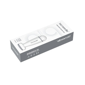 Side view of Dr. Pen Bio Needle's sleek packaging, displaying the adjustable microneedling stamp with 120-pin feature, barcode, and product information on a white and black color scheme.