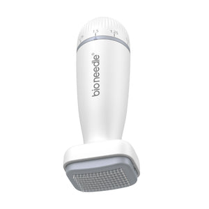 Dr. Pen Bio Needle, a professional microneedling tool with 120 adjustable pins for skin rejuvenation and collagen production, featuring an ergonomic white design with an adjustable needle depth dial.