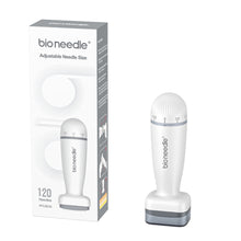 Load image into Gallery viewer, Dr. Pen Bio Needle microneedling device next to its informative box detailing the adjustable needle size feature and showcasing the precise 120-pin design.