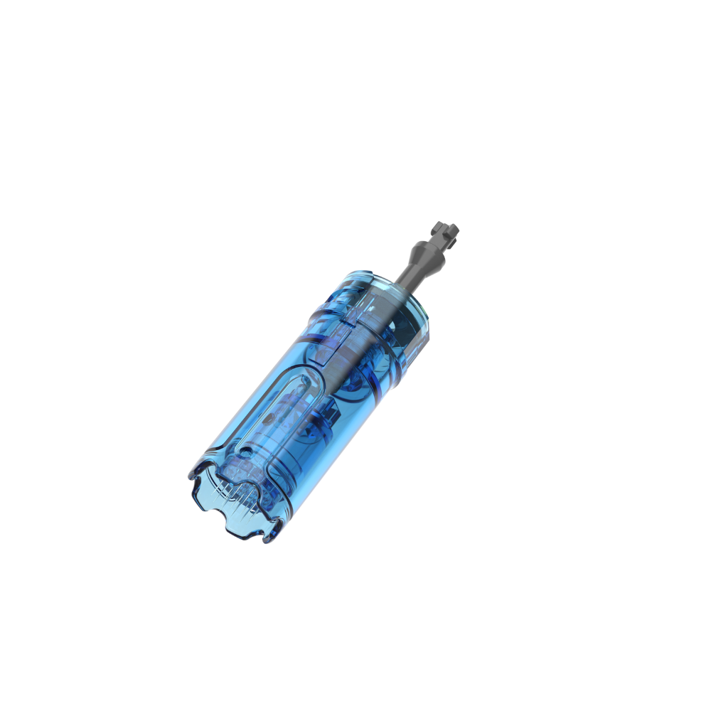 Angled view of a Dr. Pen M9 18-pin microneedling cartridge with a clear blue plastic body and metal needle tip.