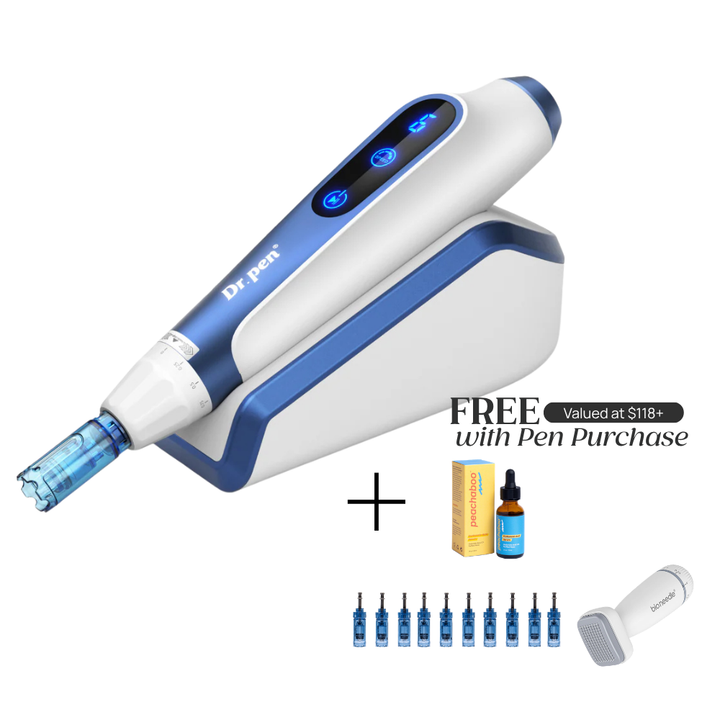 Dr. Pen A11 with microneedling pen device stand with 'FREE Valued at $118+ with Pen Purchase' which includes Peachaboo Hyaluronic Acid Serum, pin cartridges, and Bio Needle Adjustable Derma Stamp Micro Needling Tool For Hair Growth.
