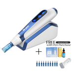 Dr. Pen A11 with microneedling pen device stand with 'FREE Valued at $158+ with Pen Purchase' which includes Collagen Mask, Peachaboo Hyaluronic Acid Serum, pin cartridges, and Bio Needle Adjustable Derma Stamp Micro Needling Tool For Hair Growth.