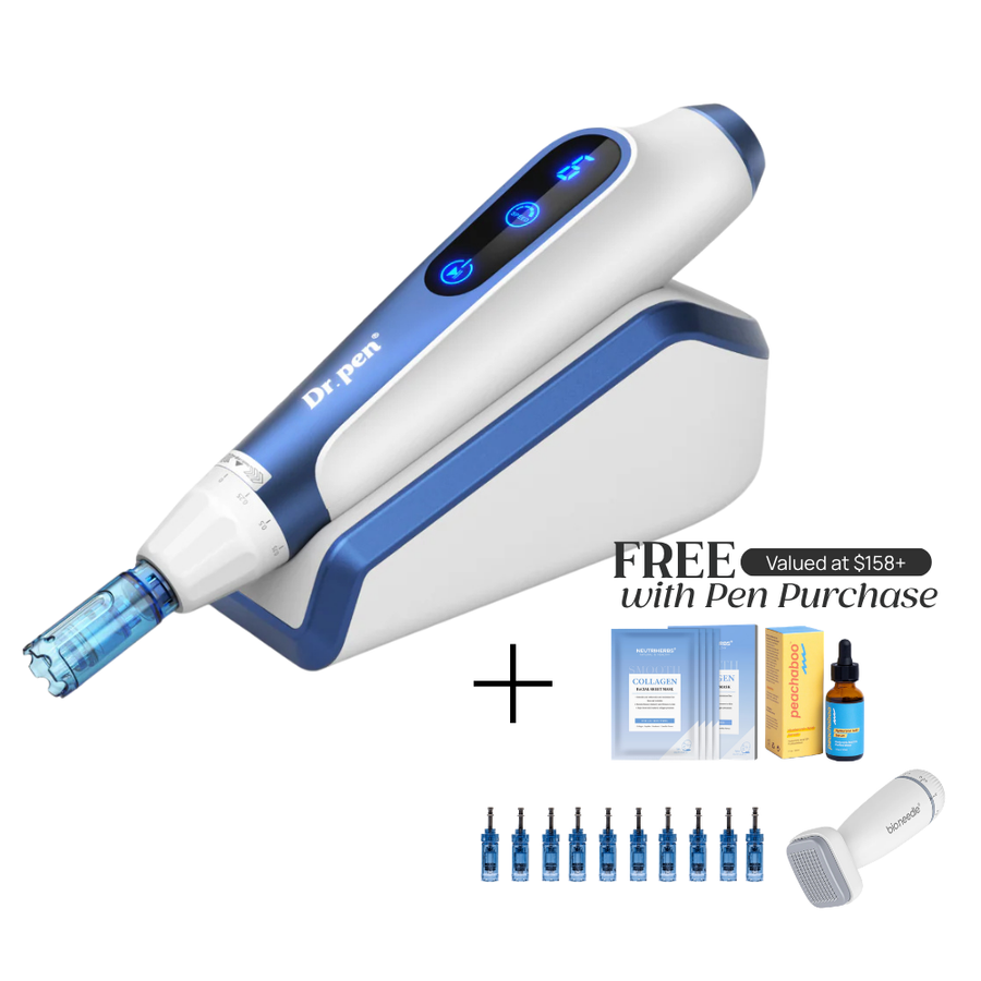 Dr. Pen A11 with microneedling pen device stand with 'FREE Valued at $158+ with Pen Purchase' which includes Collagen Mask, Peachaboo Hyaluronic Acid Serum, pin cartridges, and Bio Needle Adjustable Derma Stamp Micro Needling Tool For Hair Growth.