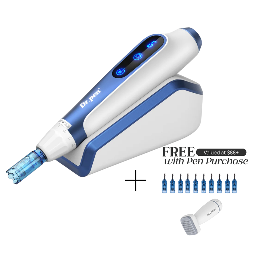Dr. Pen A11 with microneedling pen device stand with 'FREE Valued at $88+ with Pen Purchase' which includes pin cartridges and Bio Needle Adjustable Derma Stamp Micro Needling Tool For Hair Growth.