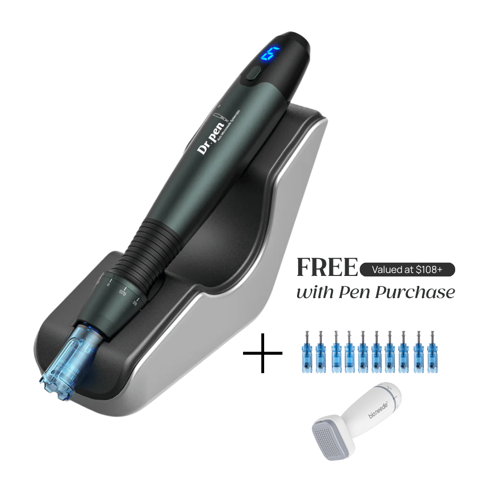 Dr. Pen A20 with microneedling pen device stand with 'FREE Valued at $108+ with Pen Purchase' which includes pin cartridges and Bio Needle Adjustable Derma Stamp Micro Needling Tool For Hair Growth.