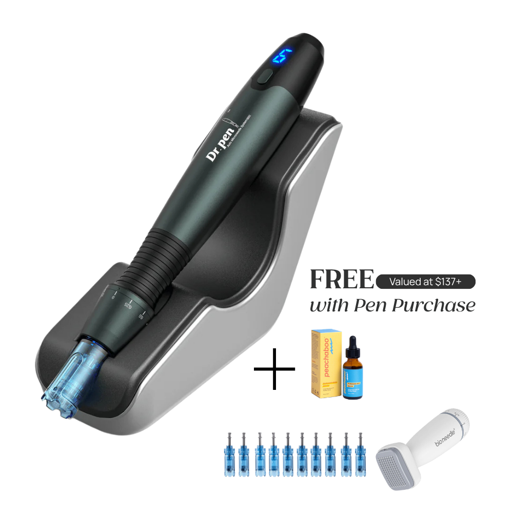Dr. Pen A20 with microneedling pen device stand with 'FREE Valued at $137+ with Pen Purchase' which includes Peachaboo Hyaluronic Acid Serum, pin cartridges, and Bio Needle Adjustable Derma Stamp Micro Needling Tool For Hair Growth.