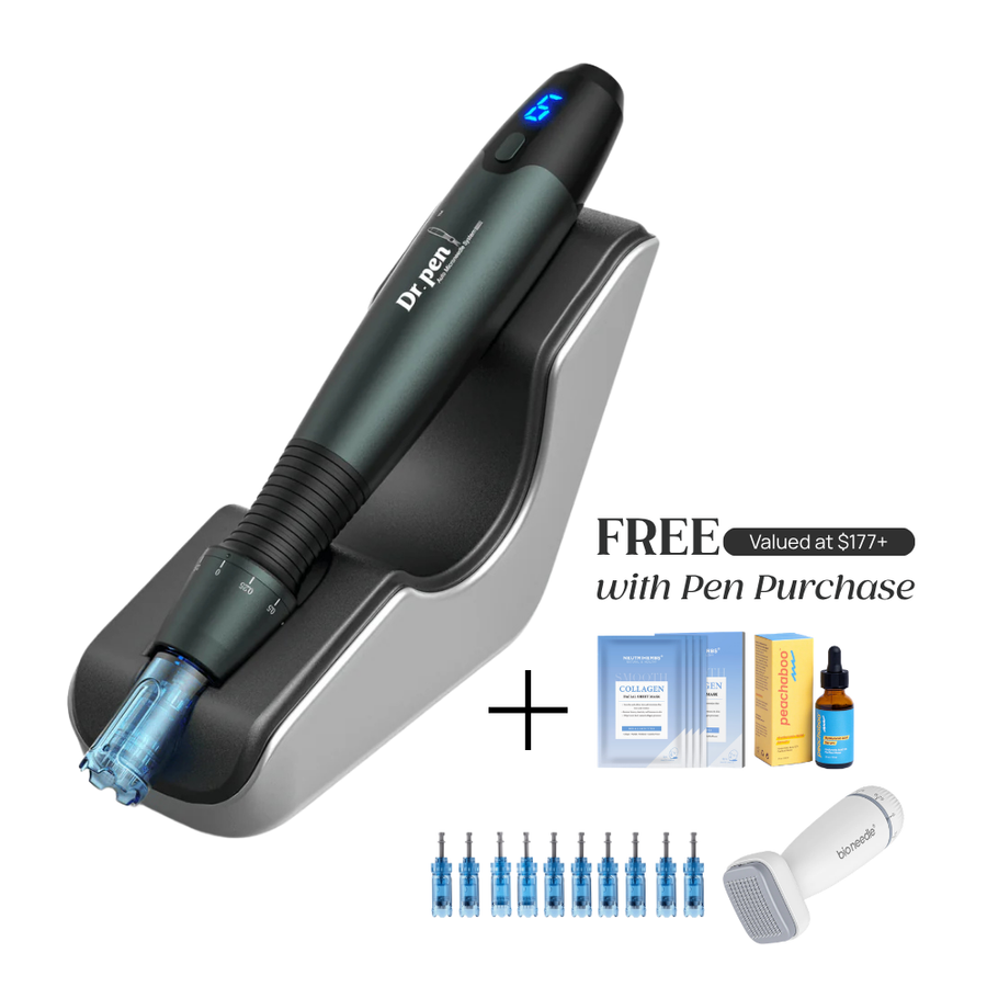 Dr. Pen A20 with microneedling pen device stand with 'FREE Valued at $177+ with Pen Purchase' which includes Collagen Mask, Peachaboo Hyaluronic Acid Serum, pin cartridges, and Bio Needle Adjustable Derma Stamp Micro Needling Tool For Hair Growth.