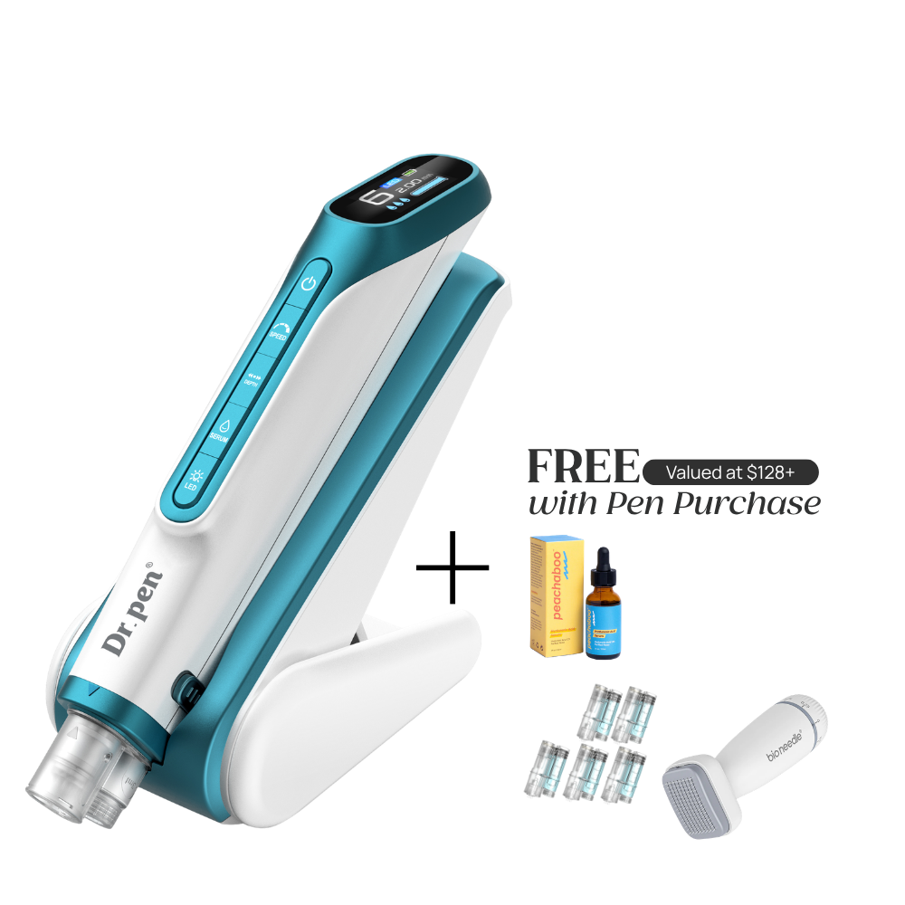 Dr. Pen H6 with microneedling pen device stand with 'FREE Valued at $128+ with Pen Purchase' which includes Peachaboo Hyaluronic Acid Serum, pin cartridges, and Bio Needle Adjustable Derma Stamp Micro Needling Tool For Hair Growth.