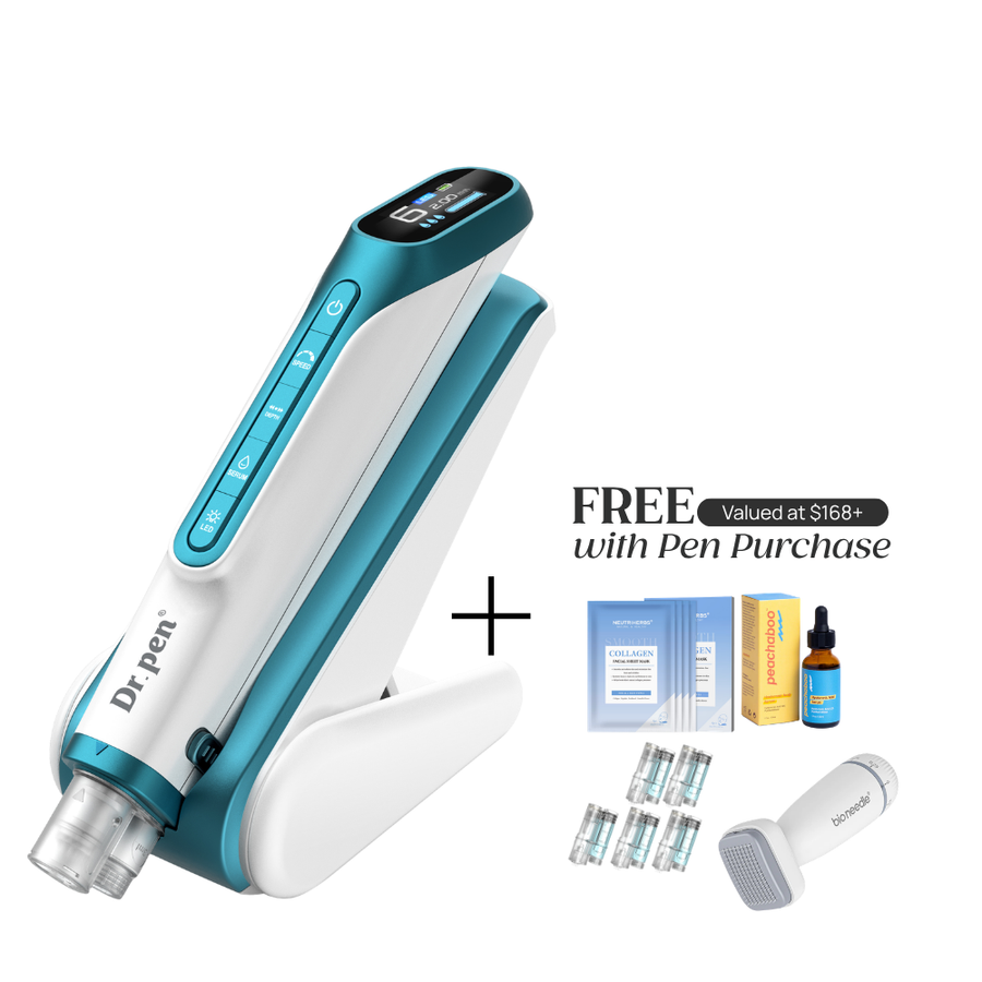 Dr. Pen H6 with microneedling pen device stand with 'FREE Valued at $168+ with Pen Purchase' which includes Collagen Mask, Peachaboo Hyaluronic Acid Serum, pin cartridges, and Bio Needle Adjustable Derma Stamp Micro Needling Tool For Hair Growth.