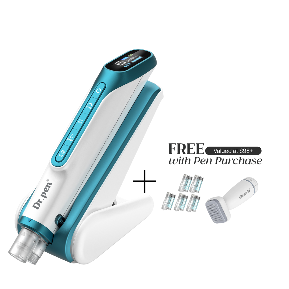 Dr. Pen H6 with microneedling pen device stand with 'FREE Valued at $98+ with Pen Purchase' which includes pin cartridges and Bio Needle Adjustable Derma Stamp Micro Needling Tool For Hair Growth.