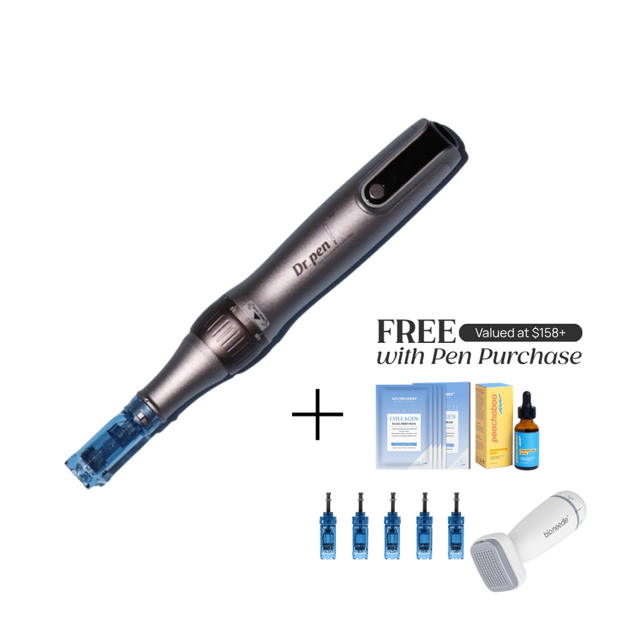 Dr. Pen M8S Microneedling Pen with 'FREE Valued at $158+ with Pen Purchase' which includes Collagen Mask, Peachaboo Hyaluronic Acid Serum, pin cartridges, and Bio Needle Adjustable Derma Stamp Micro Needling Tool For Hair Growth.