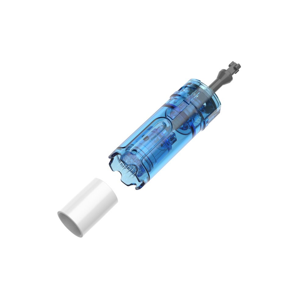 Angled view of a Dr. Pen M9 18-pin microneedling cartridge with clear blue casing, visible internal needle mechanism, and detached removable protective cap