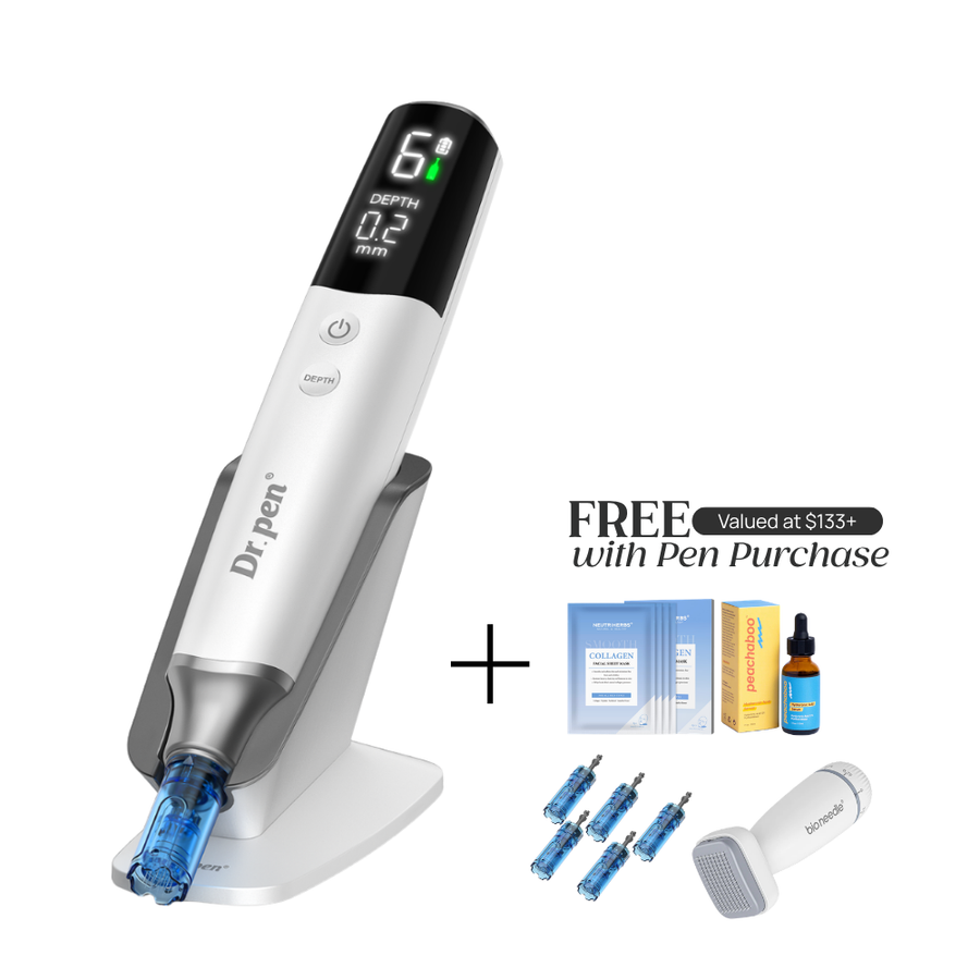 Dr. Pen M9 with microneedling pen device stand with 'FREE Valued at $133+ with Pen Purchase' which includes Collagen Mask, Peachaboo Hyaluronic Acid Serum, pin cartridges, and Bio Needle Adjustable Derma Stamp Micro Needling Tool For Hair Growth.