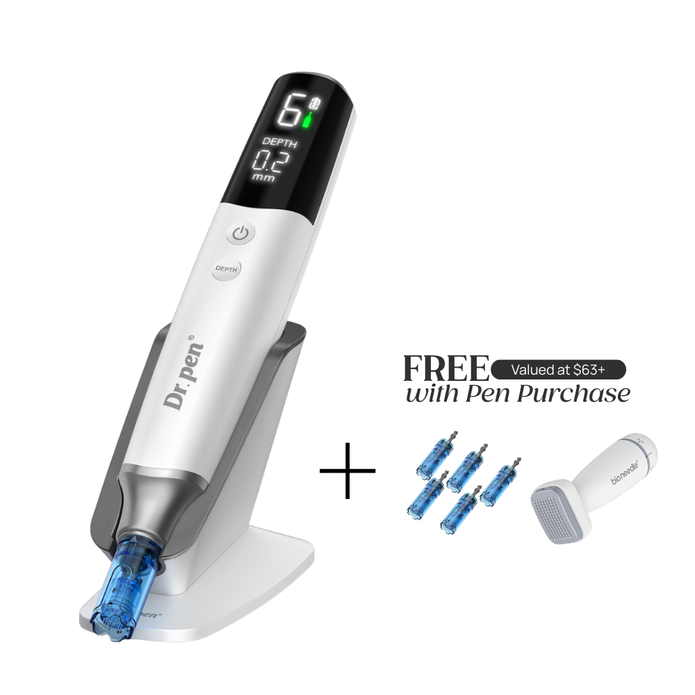 Dr. Pen M9 with microneedling pen device stand with 'FREE Valued at $63+ with Pen Purchase' which includes pin cartridges and Bio Needle Adjustable Derma Stamp Micro Needling Tool For Hair Growth.