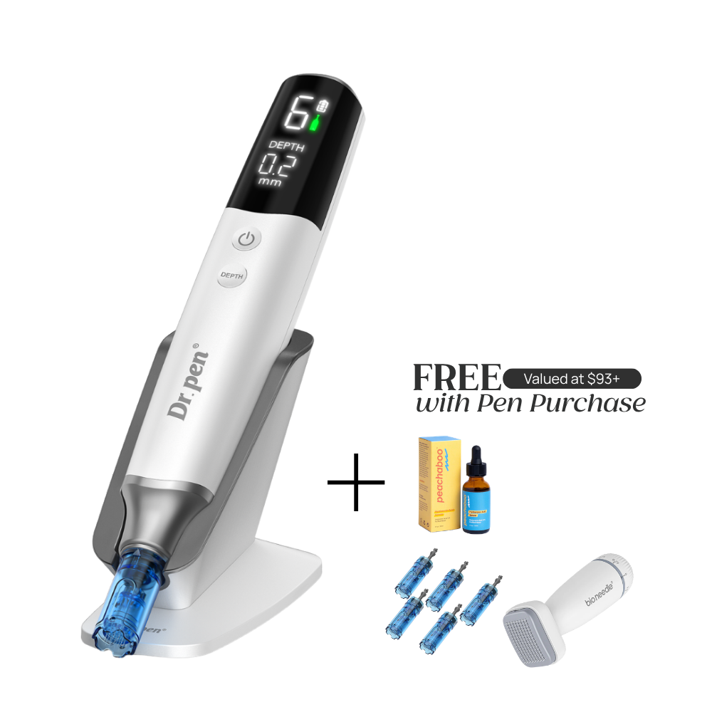 Dr. Pen M9 with microneedling pen device stand with 'FREE Valued at $93+ with Pen Purchase' which includes Peachaboo Hyaluronic Acid Serum, pin cartridges, and Bio Needle Adjustable Derma Stamp Micro Needling Tool For Hair Growth.