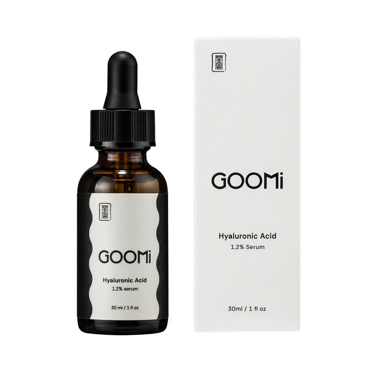 A photo of GOOMi Hyaluronic Acid 1.2% serum 30ml with white box packaging