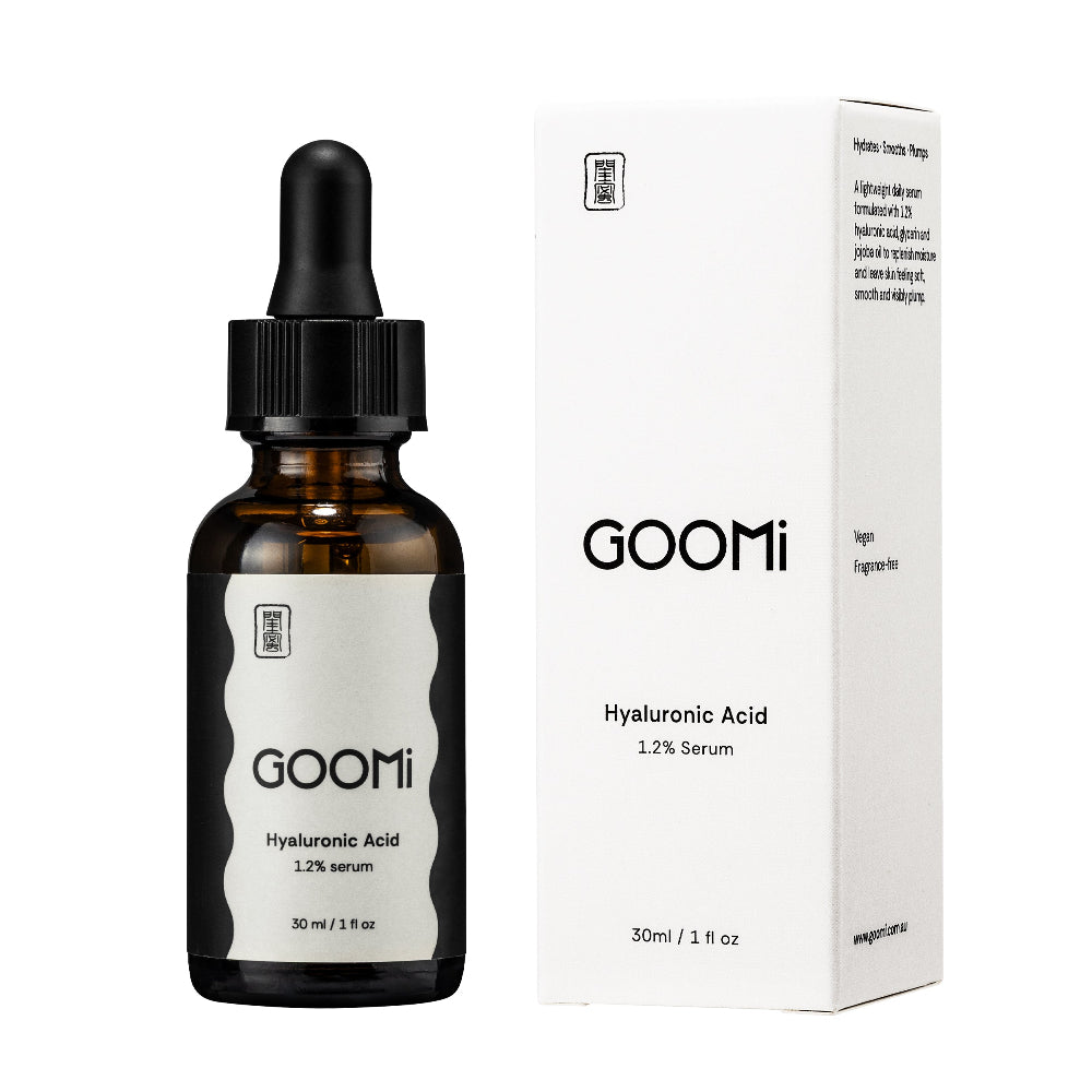 A photo of GOOMi Hyaluronic Acid 1.2% serum 30ml with white box packaging