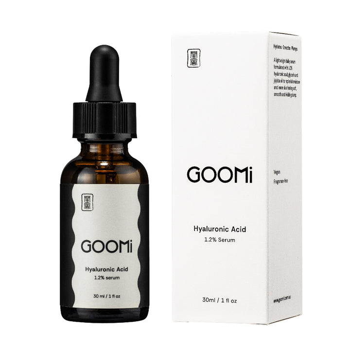 A photo of GOOMi Hyaluronic Acid 1.2% serum 30ml with white box packaging