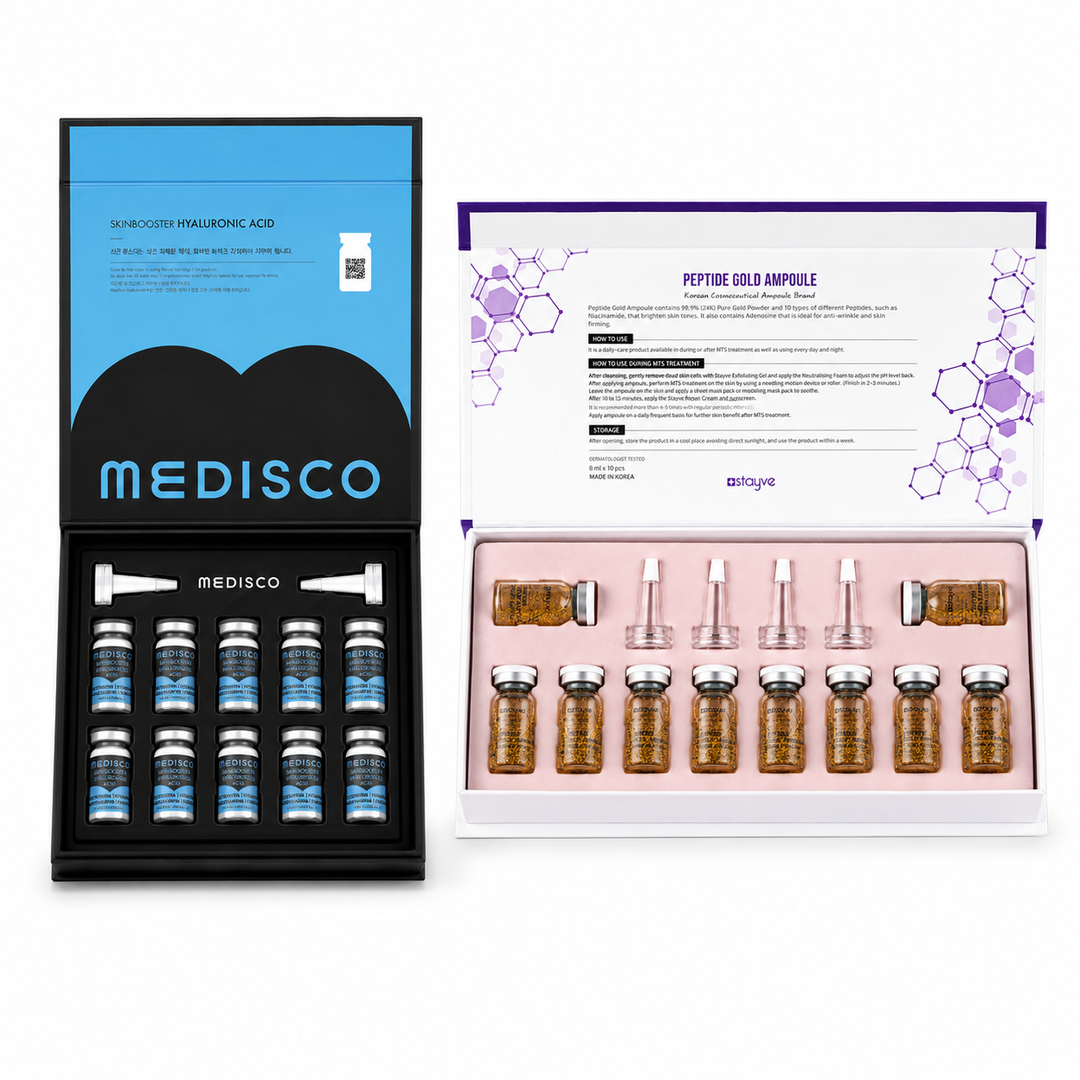 Featuring Medisco Skinbooster Hyaluronic Acid – Intense Hydration Formula for deep and lasting hydration and Stayve Peptide Gold Ampoule Kit (8ml x 10 vials) to support skin renewal and improve elasticity.