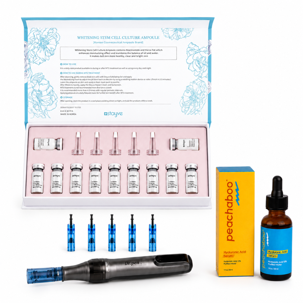 Featuring the Dr. Pen M8S microneedling pen with 18-pin and 36-pin cartridges for versatile treatments, Peachaboo Hyaluronic Acid Serum for deep hydration and skin plumping, andStayve Whitening Stem Cell Culture Ampoule (8ml x 10 vials) to help brighten, revitalise, and improve the appearance of pigmentation for a clearer, more luminous complexion.