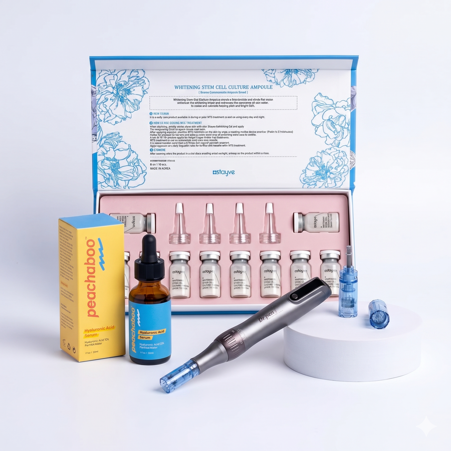 Featuring the Dr. Pen M8S microneedling pen with 18-pin and 36-pin cartridges for versatile treatments, Peachaboo Hyaluronic Acid Serum for deep hydration and skin plumping, andStayve Whitening Stem Cell Culture Ampoule (8ml x 10 vials) to help brighten, revitalise, and improve the appearance of pigmentation for a clearer, more luminous complexion.