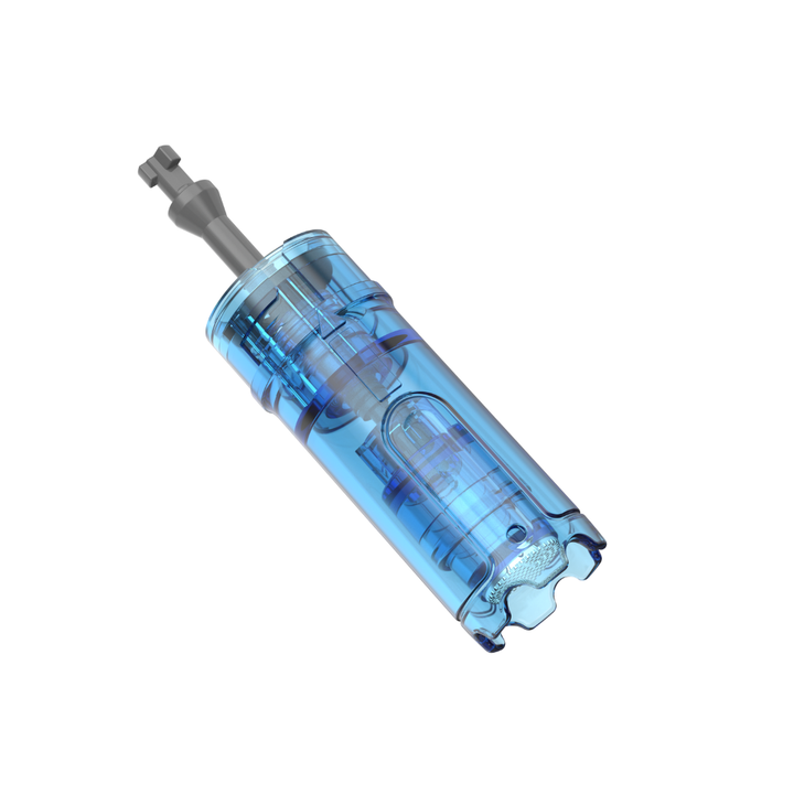Different angle of Dr. Pen M9 nano round needling cartridge with a clear blue plastic body and metal needle tip.