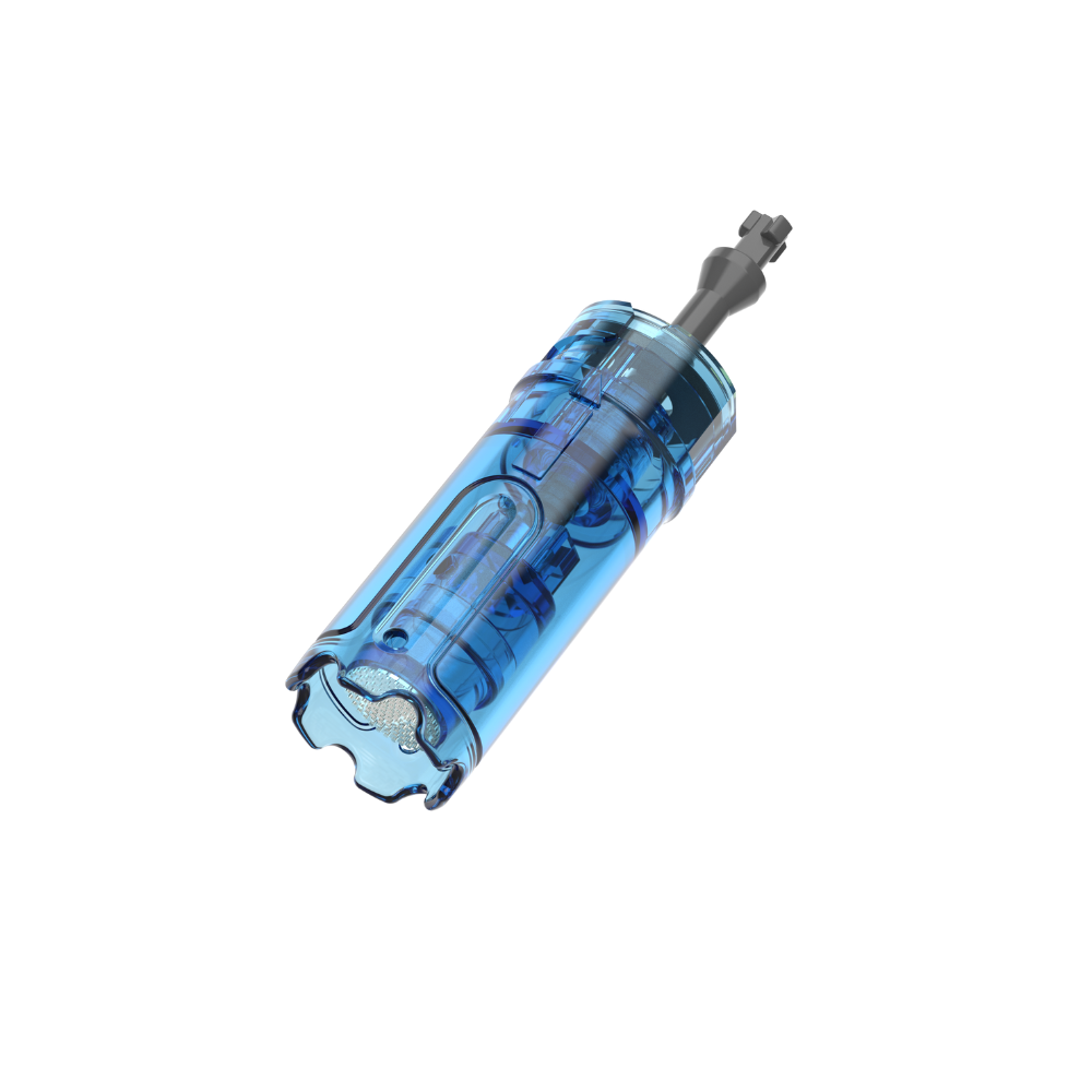 Angled view of Dr. Pen M9 nano round needling cartridge with a clear blue plastic body and metal needle tip.