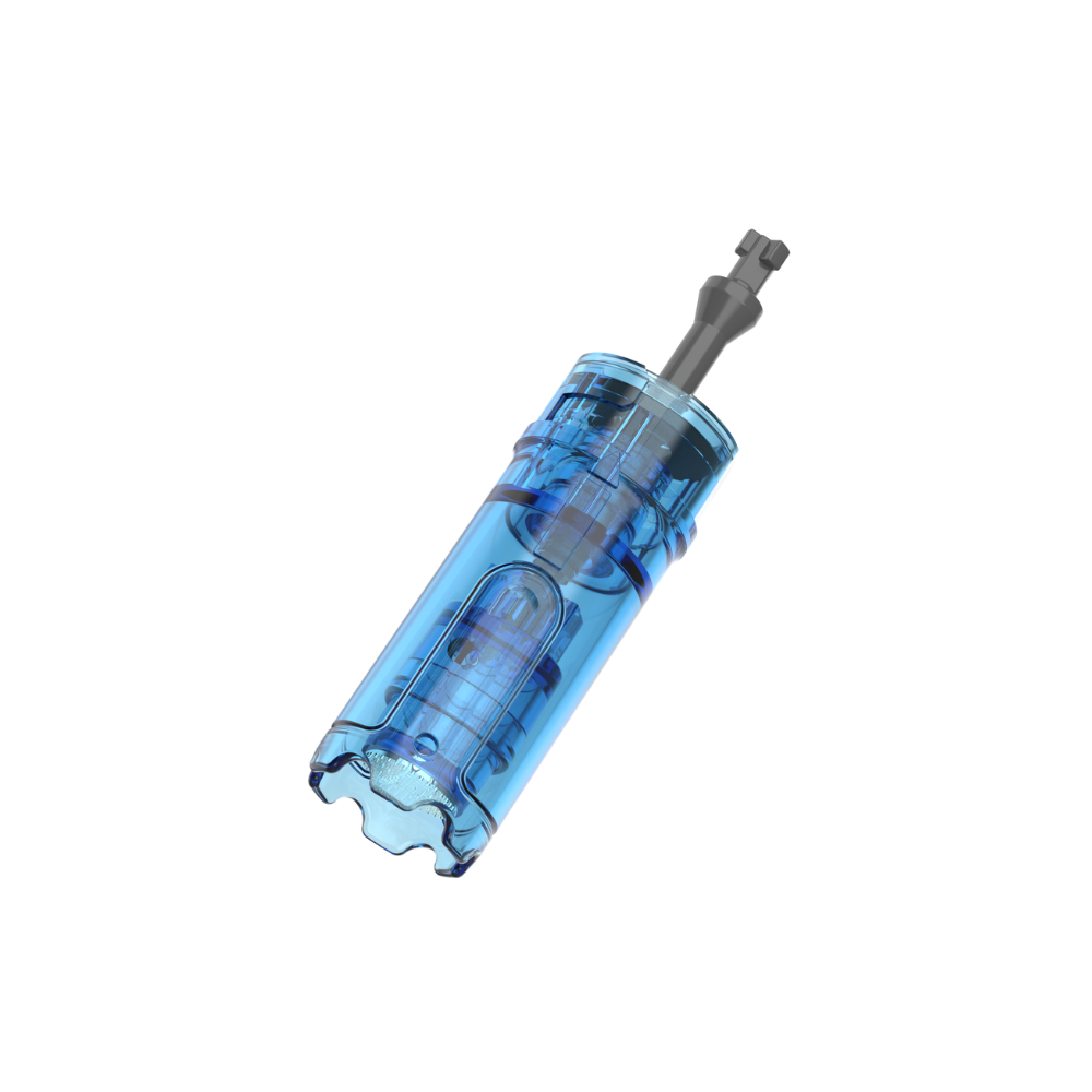 Angled view of Dr. Pen M9 nano round needling cartridge with a clear blue plastic body and metal needle tip.