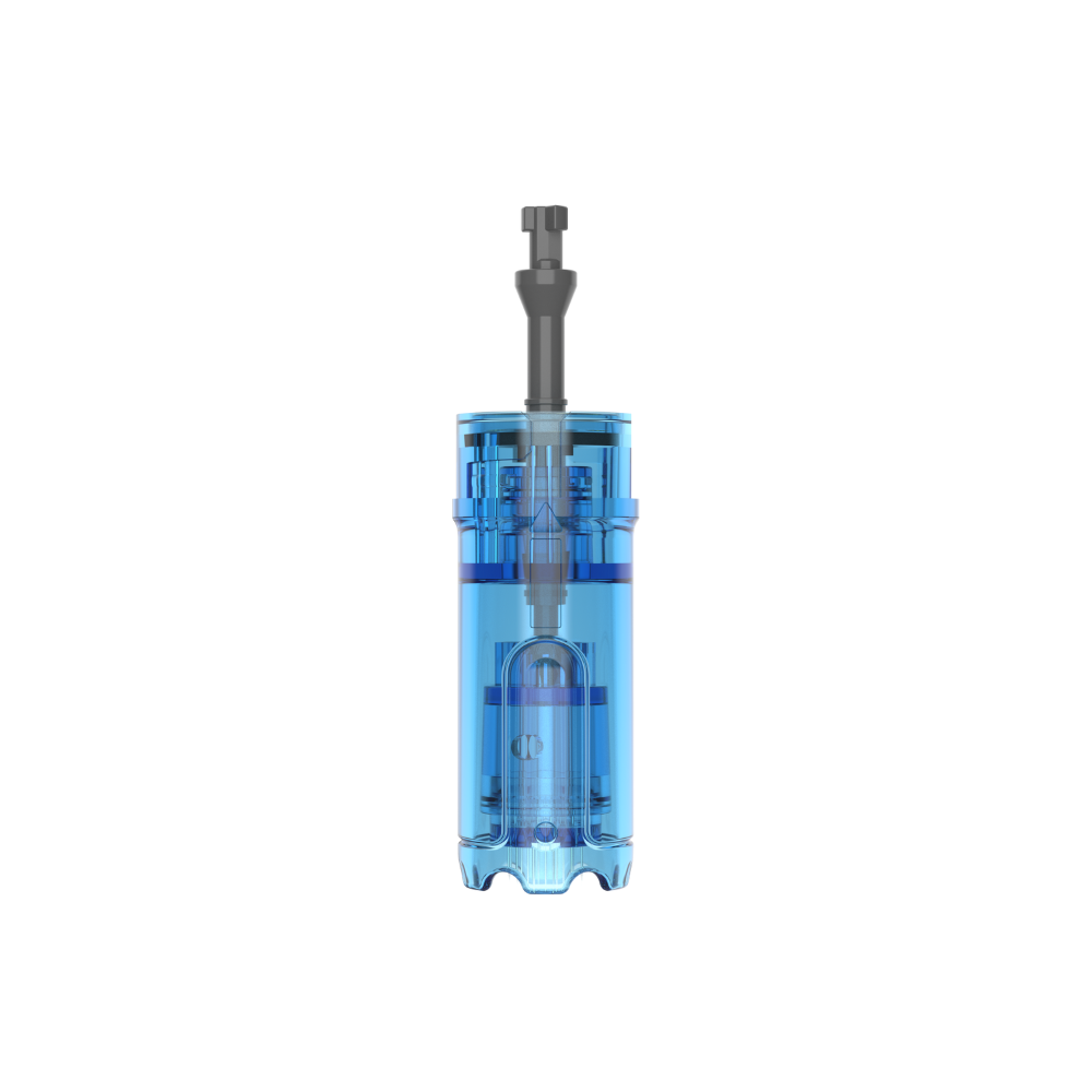 Front view of a Dr. Pen M9 18-pin microneedling cartridge with clear blue casing and protruding needle tip