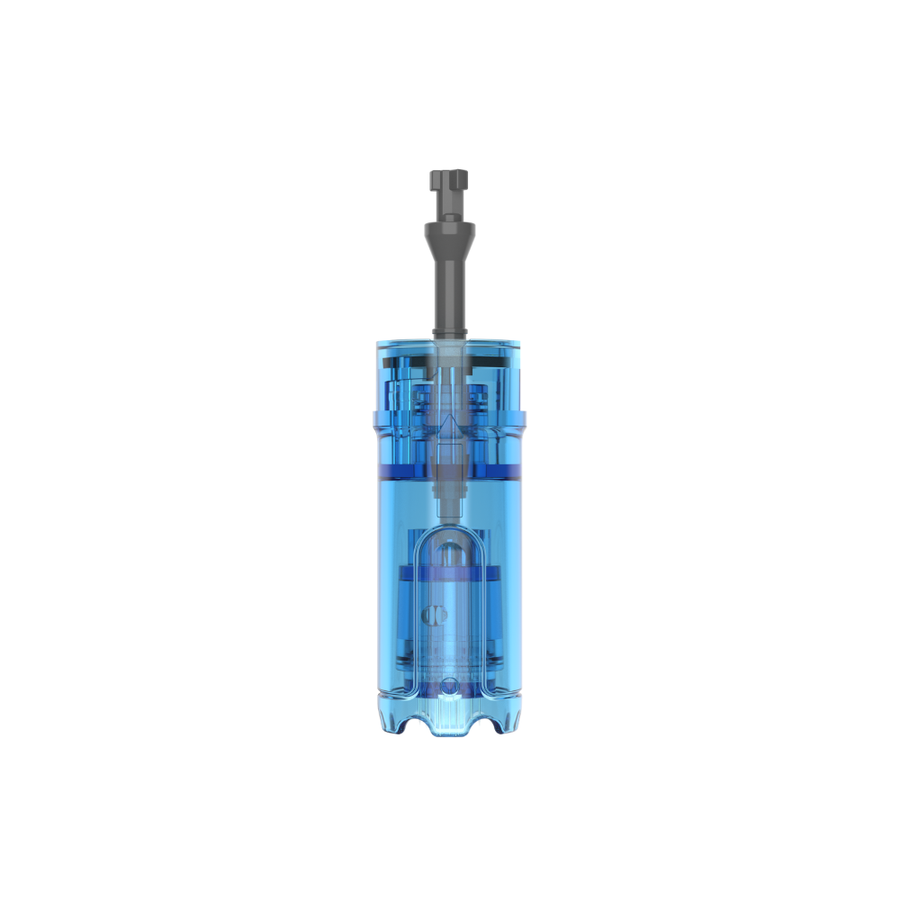 Front view of a Dr. Pen M9 18-pin microneedling cartridge with clear blue casing and protruding needle tip
