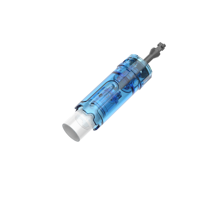 Angled view of a Dr. Pen M9 18-pin microneedling cartridge with clear blue casing, visible internal needle mechanism, and attached protective cap